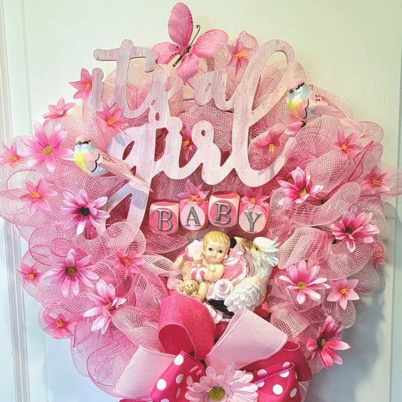 It's a Girl Wreath Deco Mesh Hand Painted Baby Stork Floral - Picture 2 of 13